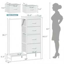 Dresser With Hanging Rack 4 Drawers Small Closet For Bedroom Reversible Fabric Chest Of Drawers With Clothes Rack Tall Storage Tower Sturdy Frame White 43.5''H - White+30D X 76W X 110.5H cm (4 Drawers) - View 7