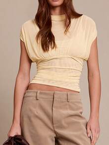 Women's Fashionable Round Neck Sleeveless Cropped Knit Top, Semi-Sheer Fitted Design Summer - Apricot - View 12