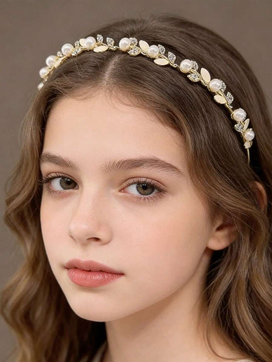 一件式精致农舍风发箍 – 女孩柔美仿珍珠闪亮水钻发箍，猫眼发箍，百搭日常发饰 - 彩色 - 查看 1