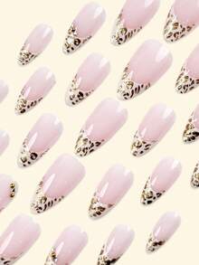 24pcs Autumn French Manicure Nail Stickers, Y2K Pink Long Pointed Fashionable Gradient Glitter Geometric Striped Dot 3D Pattern, Rhinestone Glossy, Reusable, Acrylic Press-On Nail Strips, Nail Art Supplies, Free 24pcs Jelly Nail Stickers And Mini Nail File Included - Pink - View 2