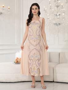 2026 New Style Elegant Embroidered Beaded Arabic Women's Dress, Jalabia Dress With Square Neck, Long Sleeve, Pink Outerwear, Fashion Fresh Ladylike - Pink - View 6