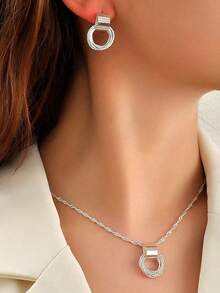 一套耳环和项链时尚首饰套装，适合女性日常佩戴 - 銀色 - 查看 1
