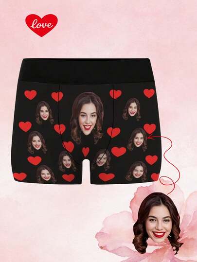 Men's Customized Face & Red Heart Pattern Black Elastic Fabric Soft Romantic Novelty Briefs, Valentine's Day/Anniversary Gift