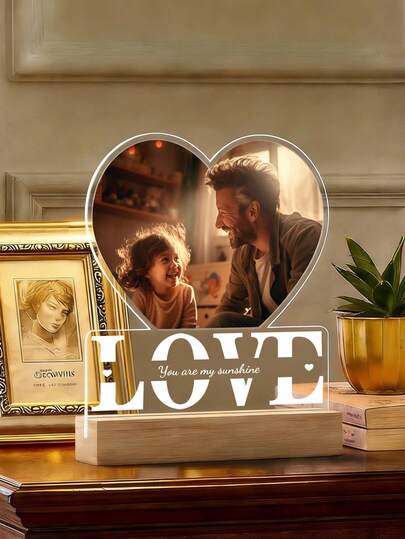 1 Personalized Love Photo Shaped Acrylic Night Light, Couple Light, Wedding Or Engagement Gift, Customized Acrylic Frame, Bedroom Decoration, Customized LED Night Light, Gifts For Him And His Friends, Family And Relatives, Customized Photo Text
