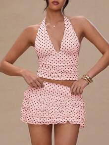 Women Polka Dot Outfits 2 Piece Skirt Sets Vintage Halter V-Neck Top And Ruffle Layered Mini Skirt Summer Y2k Outfits - 粉色 - 查看 2