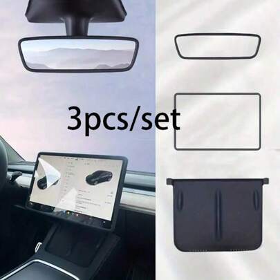 3pcs Tesla Y/3 Center Console Screen Silicone Protective Case, Wireless Charging Silicone Pad, Rearview Mirror Frame Protector, Interior Decoration, And Modification Accessories