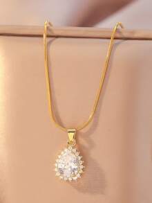 1件清新温暖的锆石水晶水滴吊坠项链，粉色/白色锆石水滴镶嵌设计，优雅搭配，适合情侣约会/日常佩戴，独特的水滴纹理，点亮小众甜美风格项链 - 水滴 - 查看 3