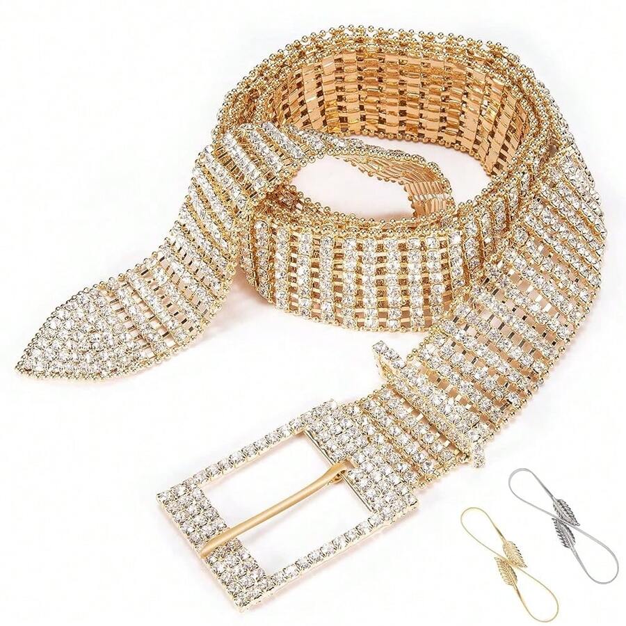Barry.Wang Rhinestone Belts For Women Silver Gold Bling Belt Diamond Crystal Studded For Jeans Dress Bridesmaid Bridal Ladies - GoldShinng腰鍊免費贈品 - 查看 1