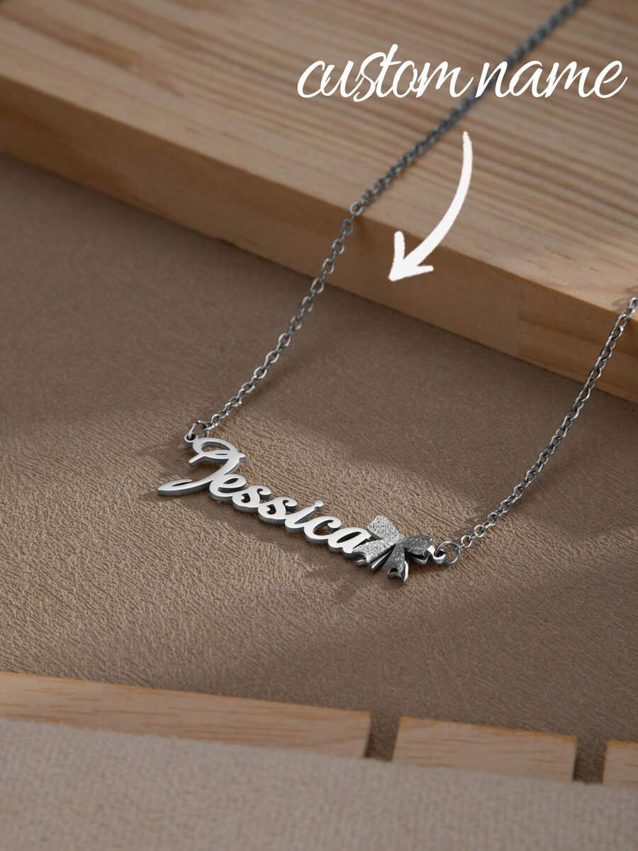 1pc Customized Name Necklace With Butterfly, Personalized Butterfly Name Necklace, Fashionable Stainless Steel Name Necklace Couple Nameplate Gift, Valentine's Day Gift, Christmas Gift, Mother's Day Gift - Silver+Style 6 - View 1