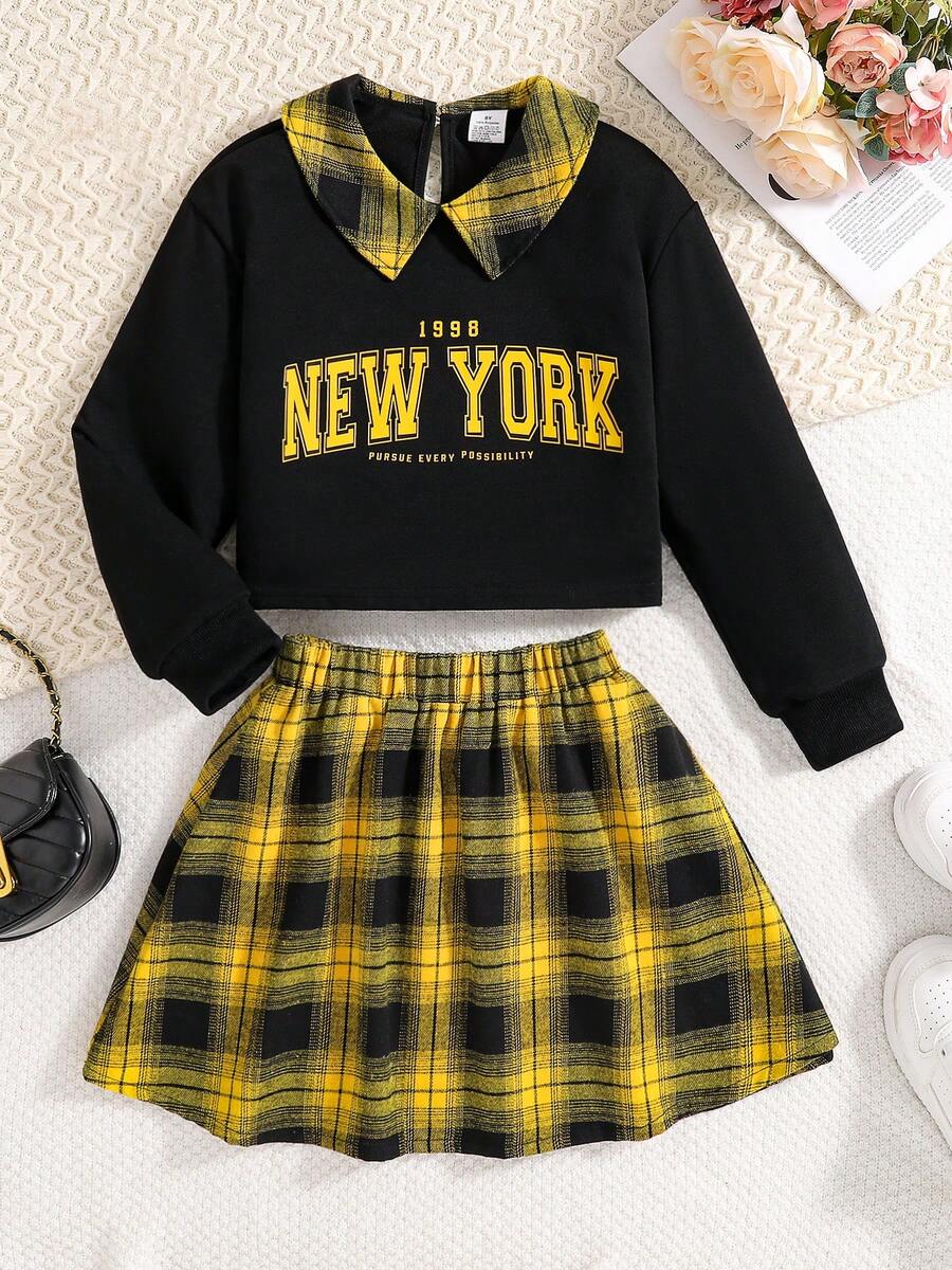 2 件/套女孩时尚春秋服装套装：字母印花领针织长袖上衣 + 松紧腰格子迷你裙，青春活力户外休闲秋装，舒适、柔软、简约的校园风格春季少女服装 - 黃色 - 查看 1