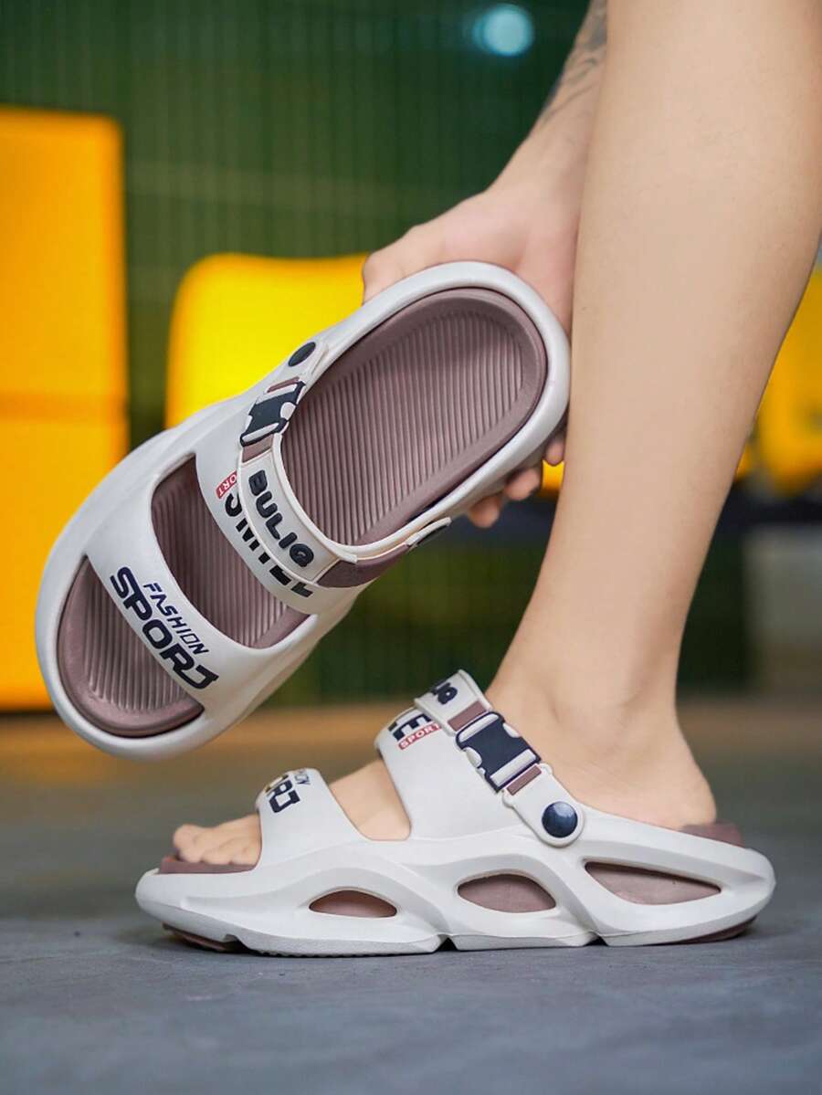 Men's New Summer Letter Print Anti-Slip Casual Slippers, EVA Lace-Up Hollow Out House Slippers - Coffee Brown - View 1