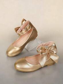 儿童芭蕾平底鞋，踝带蝴蝶结装饰，展现优雅鞋款 - 金色 - 查看 2