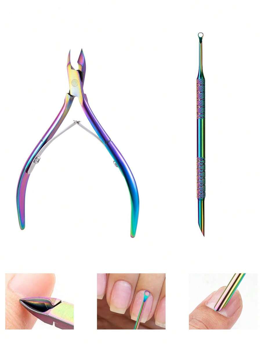 1 Set Includes 1 Stainless Steel Professional Nail Clipper And 1 Angled Cuticle Pusher, Multi-Function Cuticle Remover Manicure Care Set, Suitable For Salons And Women, Nail Care Tools, Nail Art Tools, Back To School Essential