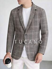 Men's Plaid Business Jacket, Single-Breasted Design With Embedded Lapel, Slim Fit, Suitable For Office Meetings, Commuting, Essential Item To Upgrade Business Casual Attire - Camel - View 3