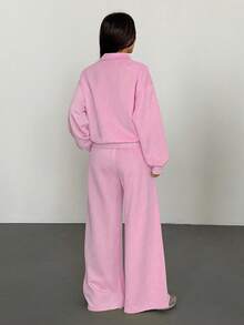 Women Winter Casual Commuter Solid Pink Horse Embroidery Half-Zip Loose Sweatshirt High-Waist Drawstring Straight Sweatpants Set,Animal Pattern Set - Pink - View 6