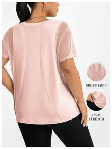 T-shirt à manches courtes pour femmes grandes tailles, en maille texturée avec panneau, pour le yoga, la rue, la course, les exercices d'extérieur, les sports d'été - Rose pâle - Voir 3