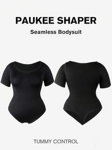 1pc Plus Size Women Seamless Shapewear, Tummy Control & Butt Lifting Bodysuit, Short Sleeve One-Piece Summer Outfit - Black - View 11
