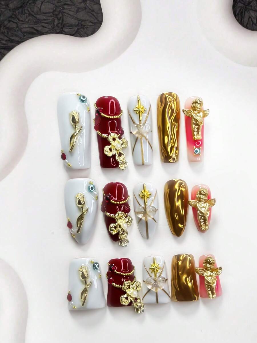 10件套奢华宫廷风树脂美甲套装,亚克力压制美甲片,金色巴洛克天使、玫瑰、水钻十字架、星光、白色爱心美甲装饰,金色链条和钢珠点缀 - 彩色 - 查看 1