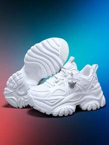 Giày thể thao nữ tăng chiều cao 7cm, kiểu dáng punk, trang trí bằng dây xích hình bướm bạc 3D có thể tháo rời, đế EVA dày, giày cao gót trắng, nhẹ, mềm mại, chống sốc, mũi tròn, buộc dây, thích hợp cho sinh viên, thanh thiếu niên, đi chơi hàng ngày, hẹn hò, tập gym, công sở, giày thể thao đế cao thời trang. - trắng - Xem 6