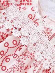 夏季女童甜美时尚花卉印花蕾丝边衬衫 - 紅色 - 查看 4