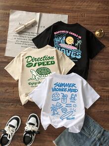 3pcs/Set Tween Girls Students Casual Printed Round Neck Short Sleeve T-Shirts, Summer Tops - Multicolor - View 2