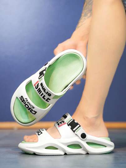 Herr sommarbokstävertryck halkfria casual tofflor, EVA snörning ihåliga andningsbara husstrandskor, unisex parmodeller