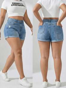 Women's Summer Fashionable Casual Slim Fit Plus Size Denim Shorts, Medium Stretch, With Distressed Ripped Hem Design, Suitable For Daily Wear - Blue - View 7