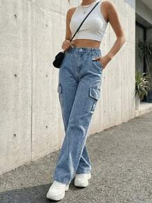 calça jeans cargo feminina larga folgada com bolso multiplo - Azul Empoeirado - Visão 3