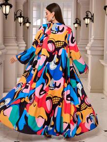 Bohemian Style Printed Open Front Abaya With Headscarf, Middle Eastern Muslim New Style, Casual For Daily Wear And Holiday - Multicolor - View 6