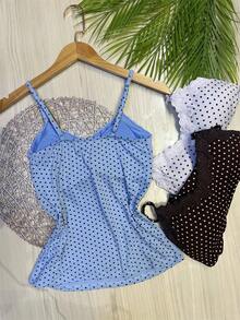 Set Of 3 Polka Dot Tank Tops With Built-In Bra Cups, Made Of Pretty Viscose/Lycra Fabric. - Light Blue + White + Brown - View 2