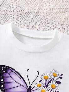 Young Girl Butterfly Print Short Sleeve Top And Belted Skirt Set - White - View 3