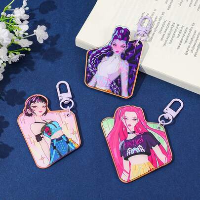 2D平面，1个K-POP恶魔猎人亚克力钥匙扣，K-POP恶魔猎人卡通人物迷你吊坠，可爱创意背包挂饰，趣味钥匙扣，汽车挂饰，朋友礼物，2D平面