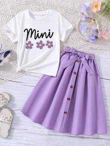 女童卡通印花短袖上衣和系带半裙套装 - 白色 - 查看 1