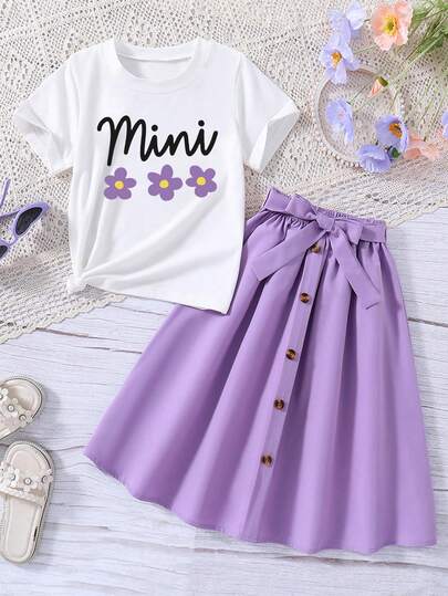 女童卡通印花短袖上衣和系带半裙套装