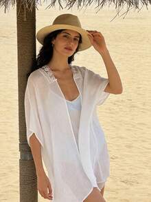 1条女士蕾丝镂空沙滩围巾，适合伴娘、婚礼、派对、海滩、旅行、约会、情人节礼物 - 白色 - 查看 1