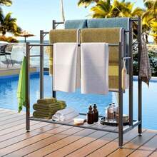 3 Tier Towel Rack With Large Storage And 6 Hooks Blanket Rack For Oversized Bath Towels Free Standing Pool Towel Rack Stand For Bathroom Pool Indoor/Outdoor 35.8" H X 31.5" L X 11.8" W - 黑色 - 查看 2