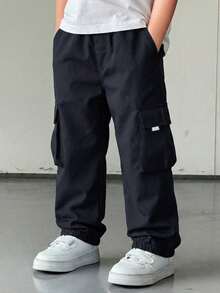 1pc Boys' Black Casual Loose Sweatpants With Side Pockets, Cargo Pants, 4-7 Years Old, Spring/Summer