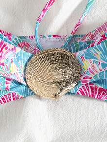 wohenmeili Shell Print Bikini Set For Beach Vacation - White Background With Red and Blue - View 2