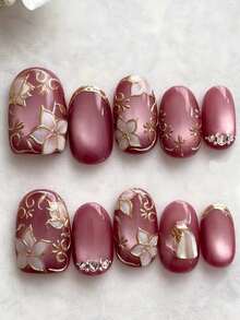 10pcs Handmade Short Press-On Nails, Y2K Style, Premium Red Cat Eye, Hand-Painted 3D Golden Flowers, Multi-Diamond Stacked, Chrome, Red, Navy Blue, Black Nails, 3 Color Options, Press-On Christmas Nails, Oval Pointed Nails, Suitable For Daily Wear For Girls, Also Great For Holiday Gifts Like Valentine's Day, New Year, Christmas, False Nails - Black - View 1