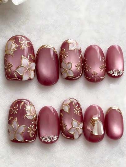 10pcs Handmade Short Press-On Nails, Y2K Style, Premium Red Cat Eye, Hand-Painted 3D Golden Flowers, Multi-Diamond Stacked, Chrome, Red, Navy Blue, Black Nails, 3 Color Options, Press-On Christmas Nails, Oval Pointed Nails, Suitable For Daily Wear For Girls, Also Great For Holiday Gifts Like Valentine's Day, New Year, Christmas, False Nails