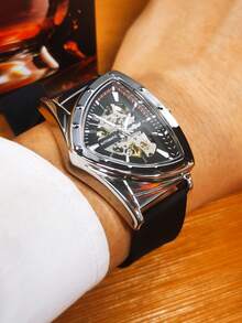 T-WINNER 1pc Fashionable Sports Mechanical Men's Watch, Luminous Pointer, Rubber Strap, Business Casual Automatic Mechanical Watch, Gift Box - Silver - View 9