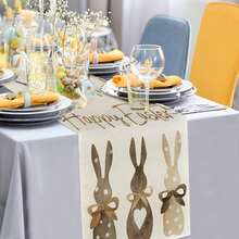 1pc Easter Table Runner With 3 Bunny Pattern, Durable Linen-Feel Table Runner, Ramadan, Eid Festival Decor, Farmhouse Style Kitchen Dining Table Cloth, Suitable For Home, Easter, Spring/Summer Holiday, Family Gathering - Brown - View 6