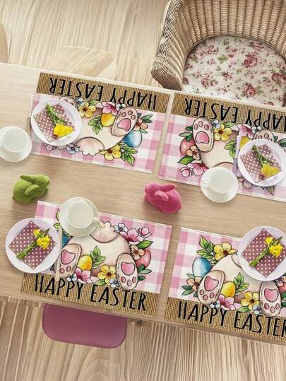 1/4/6/8/10/12pcs Happy Easter Bunny Placemats, Cute Rabbit Eggs Flowers Pink Plaid Check Dining Table Place Mats, Farmhouse Vintage Kitchen Decor Home Decoration 12.6 X 16.5 Inch