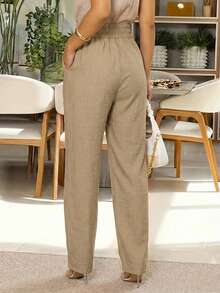 Women's Casual Khaki Pants With Elastic Waist And Pockets, Summer Work Pants - Khaki - View 2