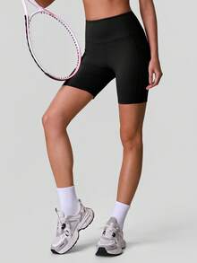 Sodalemon Women's Elastic Waist Yoga Shorts With Side Pockets, Butt Lifting, Solid Color, Suitable For Fitness, Outdoor Casual Sports - Black - View 5