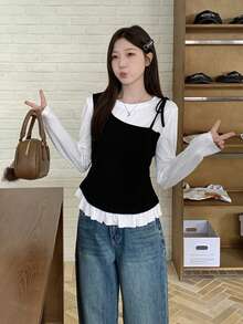 二合一圆领荷叶边修身系腰长袖T恤打底衫 - 白色 - 查看 7