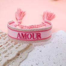 1条手工刺绣法式“AMOUR”创意复古风格手链，适合情侣佩戴，节日礼物，祝福绳 - 淺粉色 - 查看 3