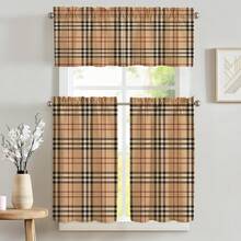 3pcs Retro Plaid Linen Curtains, 2D Flat Design, Suitable For Kitchen, Cafe, Cozy Farmhouse Style Semi-Sheer - Multicolor - View 6