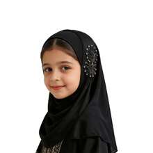 1条5-10岁女童头巾，Amira儿童头巾，莱卡Aya头巾，女童水钻莱卡Amira头巾，花卉蕾丝头巾，儿童伊斯兰阿拉伯头巾披肩 - 彩色 - 查看 8