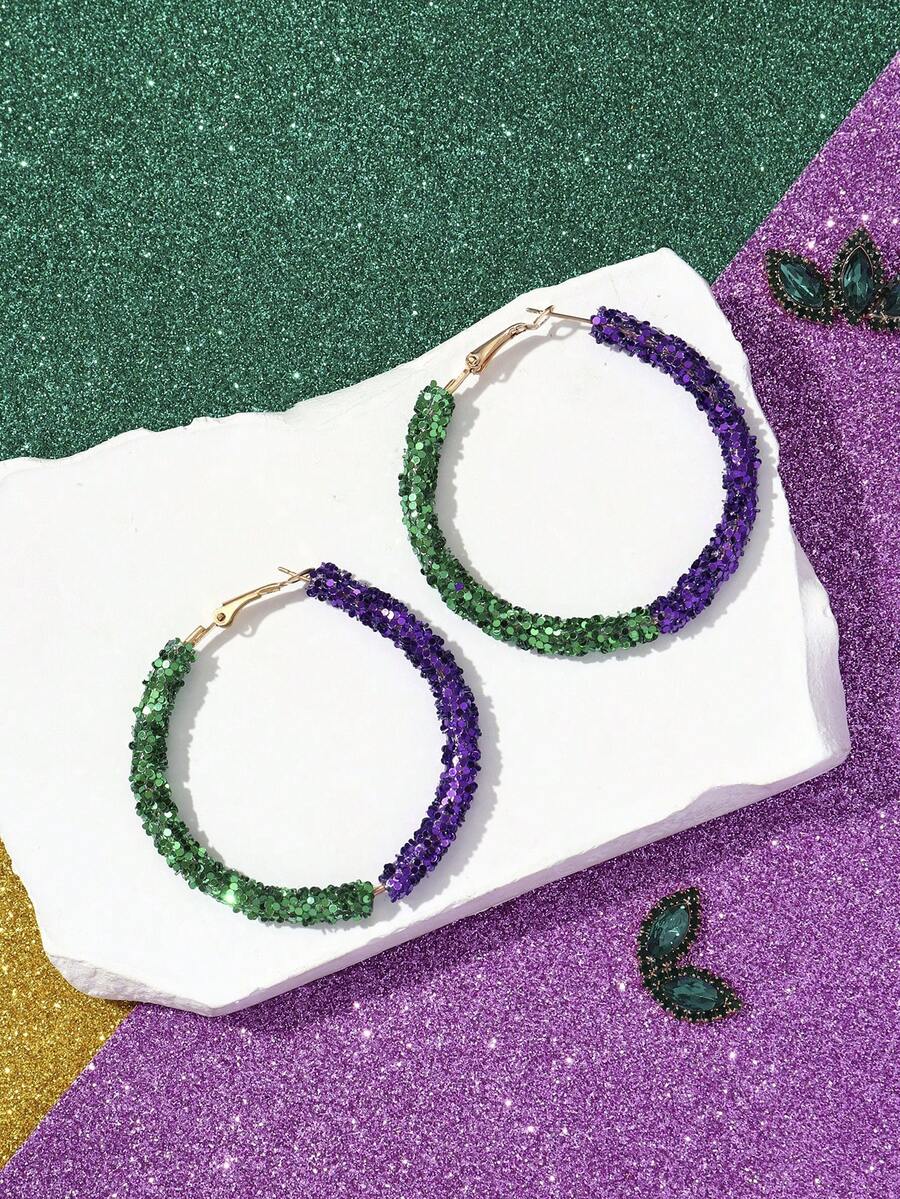 1 Pair Glittering Hoop MardiGras Drop Earrings For Women Girl Carnival Festival Jewelry Accessories - Multicolor - View 1